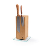 Messerblock, drehbar, aus Eiche mit zwei Küchenmesser und Glassockel.